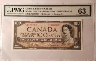 Canada British French Top $100 1954 Queen ☆ Pmg 63 43b Funny Serial
