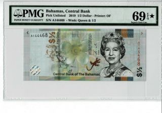 Bahamas Central Bank 2019 1/2 Dollar Pmg 69 Epq Gem Unc Star