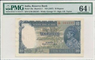 Reserve Bank India 10 Rupees Nd (1937) George Vi Pmg 64epq