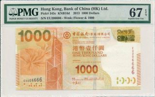Bank Of China Hong Kong $1000 2013 Fancy S/no Xx6666 Pmg 67epq
