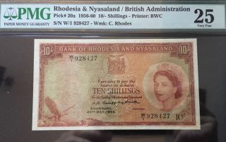 Pmg 25 Rhodesia & Nyasaland,  10 Shillings 1956 Pick 20a Very Rare