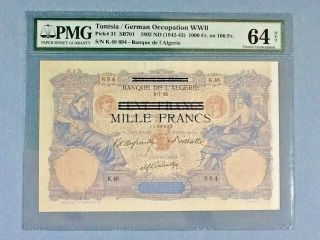Tunisia 1,  000 Francs On 100 Francs P - 31 1892 Nd (1942 - 43) Pmg 64 Net - Minor Rust