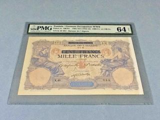 Tunisia 1,  000 Francs on 100 Francs P - 31 1892 ND (1942 - 43) PMG 64 NET - Minor Rust 2