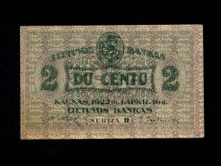 Lithuania:p - 8,  2 Centu,  1922 1922 November Issue Au - Unc