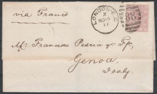 1877 Sg141 21/2d Rosy Mauve Plate 8 On Cover London To Genoa Italy (gd)