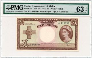 Malta - 1 Pound 1949 (1954) P24a Queen Elizabeth Pmg Choice Unc 63 Epq