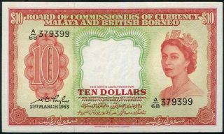 Malaya - Malaya & British Borneo.  Queen Elizabeth $10 Banknote 1953 P3a