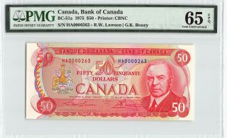 Canada 1975 Bc - 51a Pmg Gem Unc 65 Epq 50 Dollars Low S/n 263