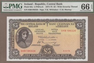 Ireland - Republic: 5 Pounds Banknote,  (unc Pmg66),  P - 65c,  05.  09.  1975,