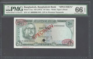 Bangladesh 10 Taka Nd (1972) P11as Specimen Tdlr Uncirculated Graded 66