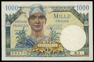 France 1000 Francs Tresor Francais 1947 Vf Extremely Rare Banknote See Photos