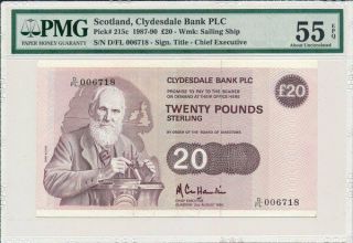 Clydesdale Bank Plc Scotland 20 Pounds 1990 Low No.  : 006718.  Rare Pmg 55epq
