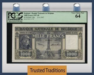 Tt Pk 128c 1947 - 48 Belgium 1000 Francs " King Albert I " Pcgs 64 Scarcely Graded