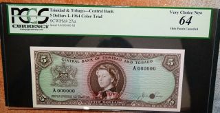 Central Bank Of Trinidad And Tobago 5 Dollars Color Trial Ad 1964 Pcgs 64 Graded