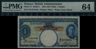 Malaya Board Of Commissioners Currency Banknote Kgvi,  $1,  Pmg 64,  P11 Cunc 1941