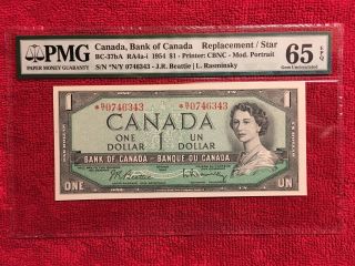 Bank Of Canada Bc - 37ba 1954 1 Dollar Replacement/star Ny Pmg 65epq Rare Prefix