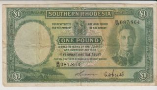 Rare Southern Rhodesia One Pound Banknote 1945 - King George Vi