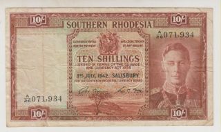 1942 Southern Rhodesia 10/ - (ten Shillings) Banknote - King George Vi