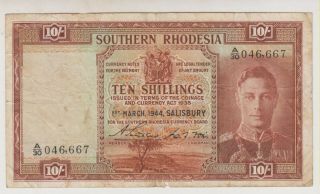 1944 Southern Rhodesia 10/ - (ten Shillings) Banknote - King George Vi
