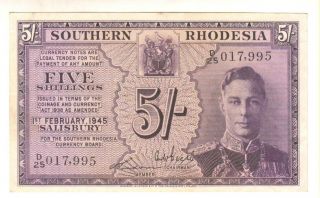 Rare 1945 Southern Rhodesia 5/ - (five Shillings) Banknote - Aunc Or Unc