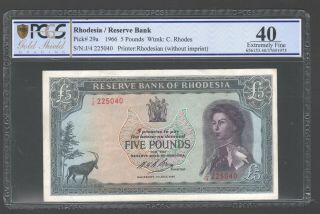 1966 Rhodesia £5 Five Pounds J4 225040 Pcgs Graded 40 Ef - P29a Lovely Note