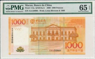 Banco Da China Macau 1000 Patacas 2008 Prefix Aa Pmg 65epq