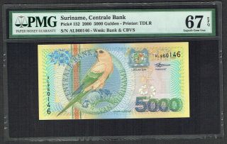 Surinam 5000 Gulden 2000 Unc Sun Parakeet Suriname Pmg 67epq P152 Al960146