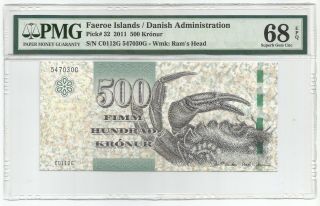 Faeroe Islands 500 Kronur 2011 P 32 Banknote Pmg 68 Epq - Gem Unc