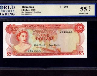 Bahamas,  5 Dollars 1968,  P - 29a,  Au 55 Top Queen Elizabeth