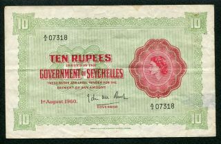 Seychelles 1960,  10 Rupees,  P12b,  Vf With Back Side Be Torn