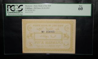 Morocco Marokko State Bank Of The Riff 5 Riffans 1923 Pcgs Unc Rr