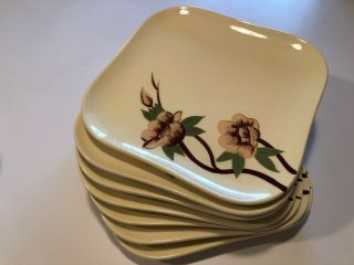 (7) Weil Ware Salad Plates Rose Yellow 8 " Square Vintage California Usa