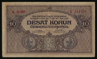 Czechoslovakia (p08a) 10 Korun 1919 Avf/f,  Serie O Not Perforated