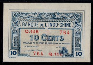 French Indochina 10 Cents 1919 P - 44 Red Serial Number Aunc