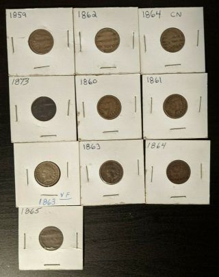 10 Indian Head Pennies 1c Cent 1859 1860 1861 1862 1863 1864 1865 1873