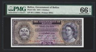 1975 Belize $2 Dollars,  P - 34b Pmg 66 Epq Gem Unc,  B/1 Prefix Qeii Note