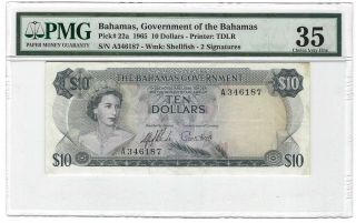 Bahamas $10 Dollars 1965,  P - 22a,  Pmg 35 Choice Vf,  A - Prefix Scarce Date & Type