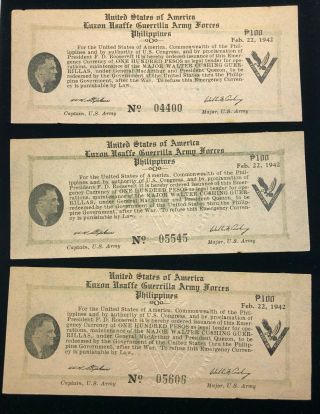 (3) 1942 Philippines 100 Pesos Luzon Usaffe Guerrilla Army Forces Wwii P S421