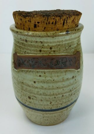 1989 Singed Hand Crafted Studio Ceramic Pottery Popcorn Jar With Cork Lid
