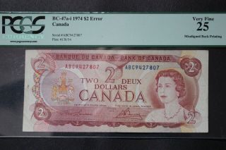 ERROR 1974 BANK OF CANADA $2 TWO DOLLAR BC - 47aA - i PRINTED OUT OF REGISTER 2