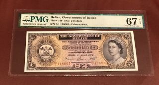 Belize Government Of Belize 2 Dollar 1975 Pmg Gem Unc 67 Pick 34 Queen Elizabeth