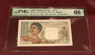 French Tahiti Papeete Bank D’ Indochina 20 Franc Pmg 66 Gem Unc Pick 21 1954