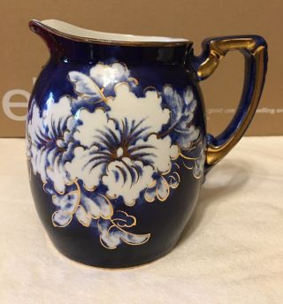 Vintage Empire China Pitcher 4138 Cobalt Blue W/ White Flowers And Gold Gilding
