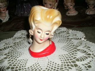 Vintage Blonde Hair Lady Head Vase 3 1/2 " With Ear Rings Red Blouse E - 694