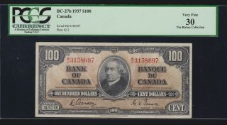 Canada 1937 $100 Bank Of Canada Currency Bc - 27b Pcgs 30 Vf (697)