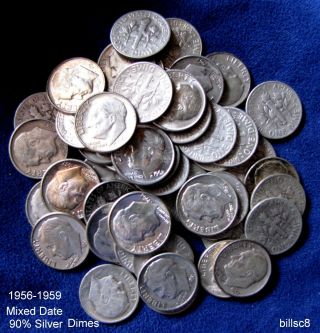 Roll Of (50) 1956 - 1964 Mixed Date Roosevelt Silver Dimes F/au 90 Silver