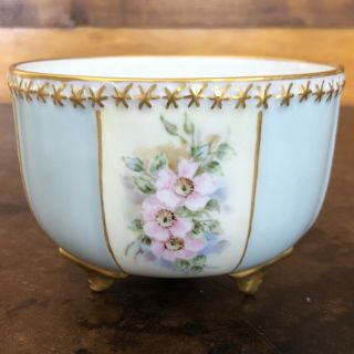 Vtg O&e.  G Royal Austria Open Three Footed Sugar Bowl Hand Painted Pink Flowers