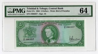$5 1964 Trinidad & Tobago,  Central Bank Pick 27c Pmg 64 Choice Uncirculated