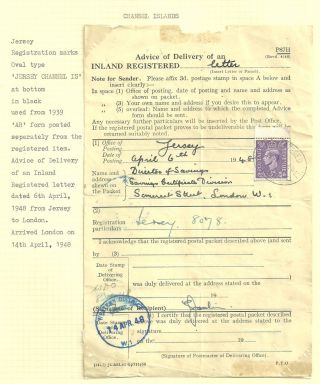 Channel Islands Ar Form 3d George Vi Registered Jersey 1948 To London