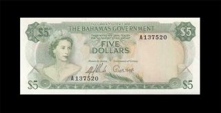 1965 British Colony Bahamas Qeii $5 X - Rare ( (gem Unc))